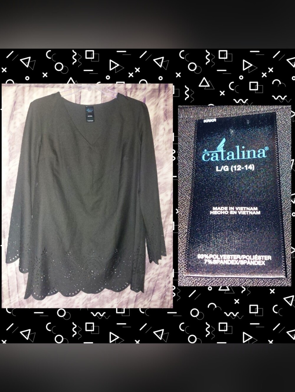 Catalina brand Black Soft Woven Tunic Cover-up w/Laser Cut Detail Sz Lrg(12/14)